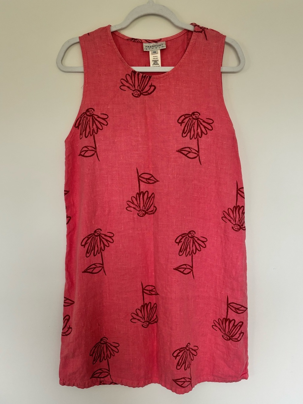 FREEPORT STUDIOS Pink 100% Linen Floral Shift Dress Cottagecore Coastal M